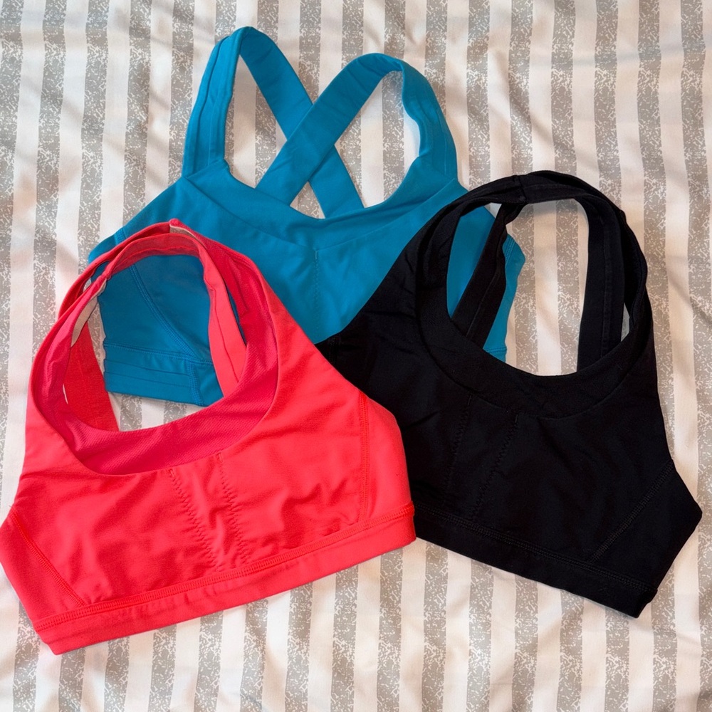 lululemon 6 lot bundle of 3 Run Stuff Your Bra Sports Bra Blue Black Orange Pink